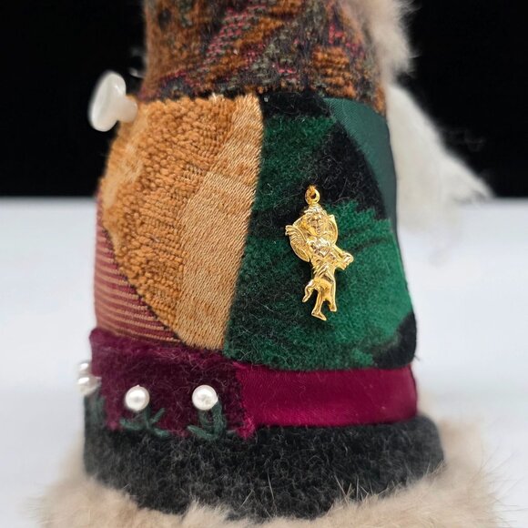 Handmade Fuzzy Santa Art Doll Multicolor Patchwork Design Gold utton Accents - Picture 5 of 8